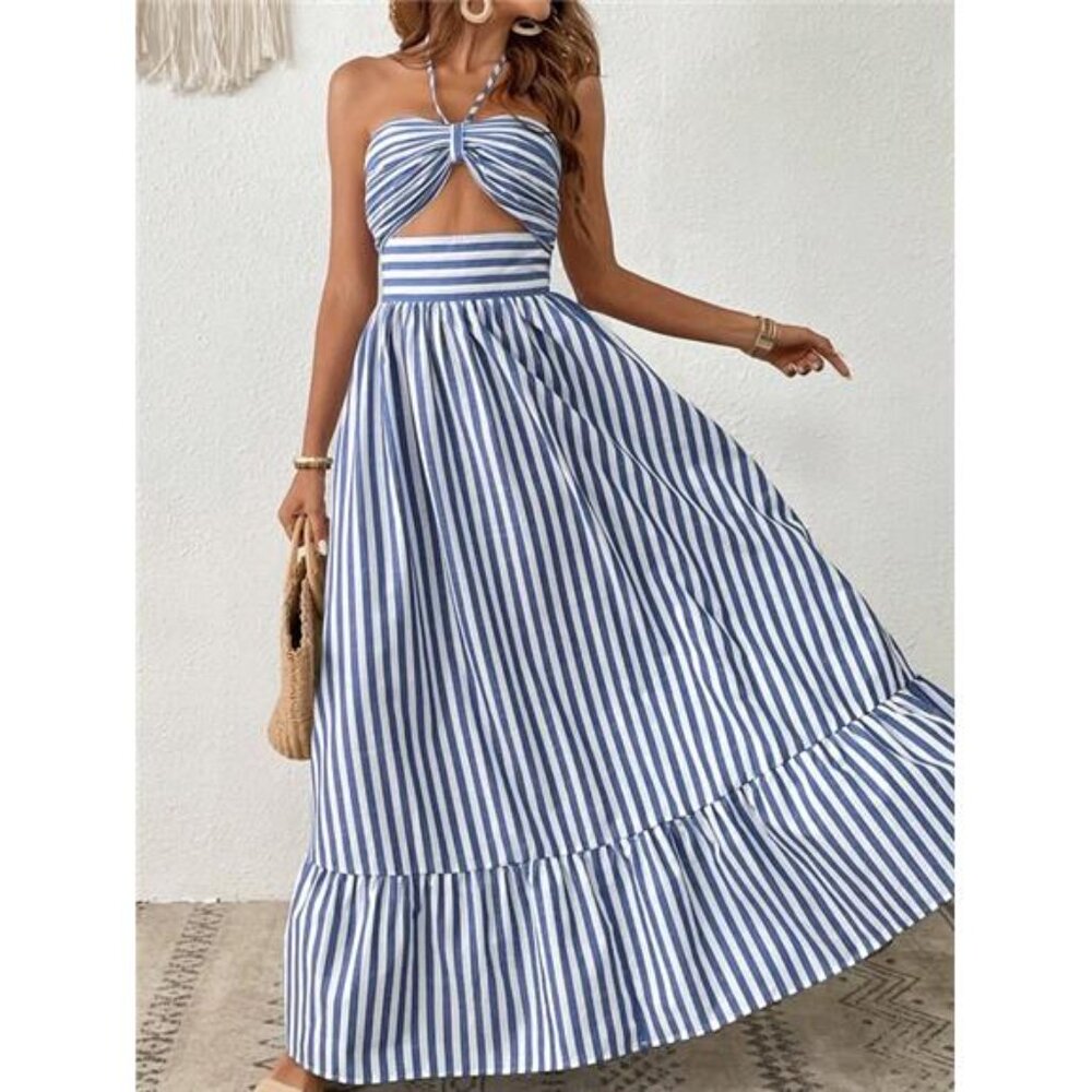 Vacation Striped Print Cut Out Ruffle Hem One Piece Summer Beach Halter Dress